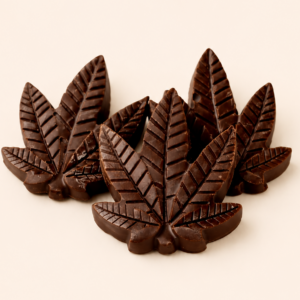 3 leaf shaped chocolates on a cream background